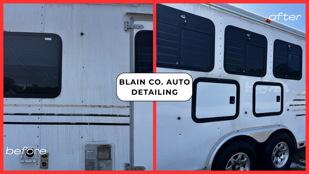 Before and after comparison showing window and exterior panel improvement on Scott's horse trailer